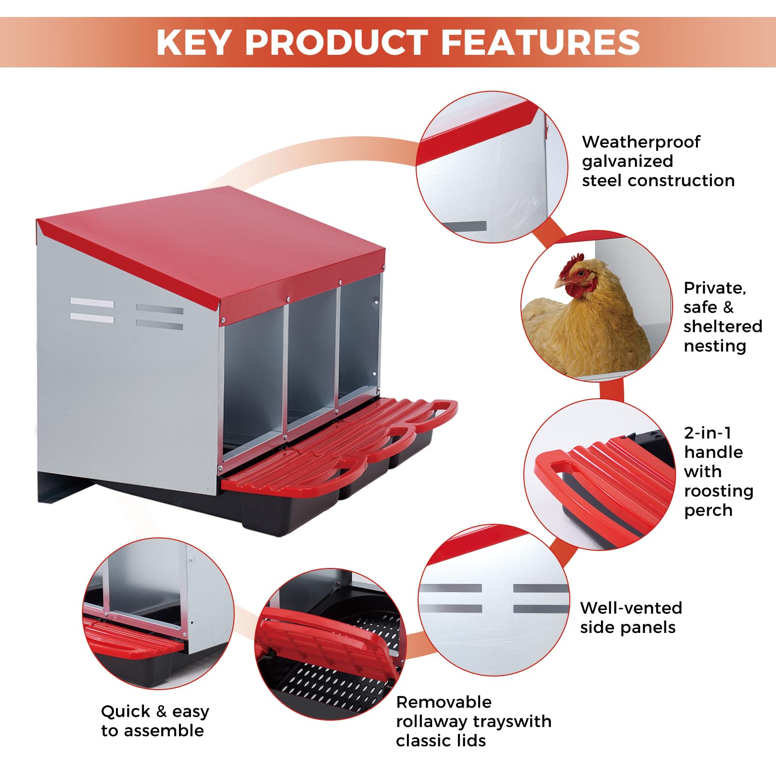 Garvee 3-Compartment Chicken Nesting Box – Automatic Roll-Away Tray & Support Stand, Red