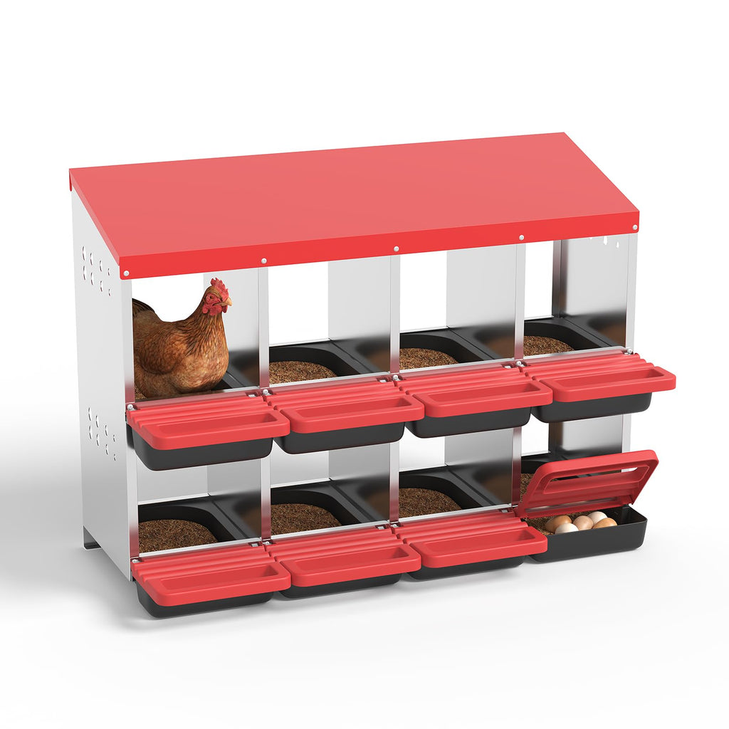 Garvee 8-Hole Chicken Nesting Box Metal Coop with Roll-Away Egg Collection & Ventilation Holes Galvanized Steel Removable Lid Red for Backyard Hens
