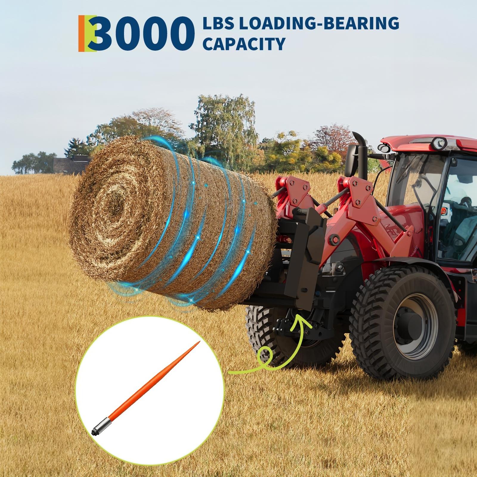 Garvee Reliable 49" Hay Spear - 3000lbs Capacity Bale Fork - Hex Nut & Sleeve Included - Heavy-Duty Orange Coated for Tractors & Skid Steer Loaders - Orange | with sleeve