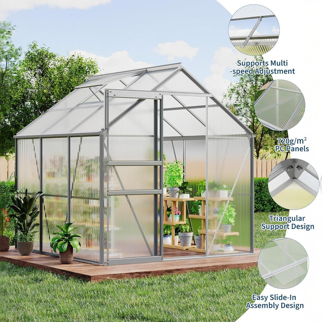 Garvee 6x6 FT Polycarbonate Greenhouse Kit for Outdoors – Durable Aluminum Frame, Sliding Lockable Door, Adjustable Roof Vent, Gutter System, Easy Assembly, Ideal for Garden, Patio, Backyard