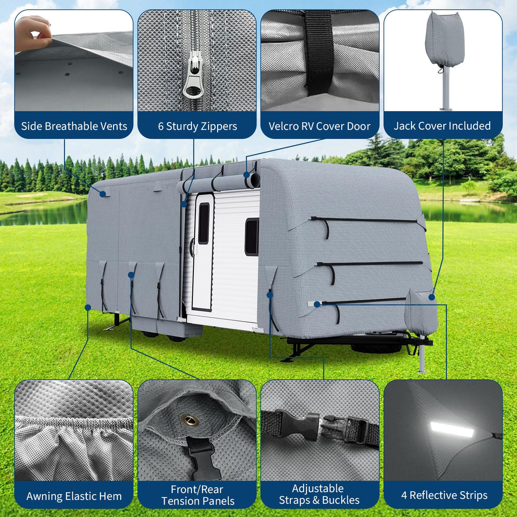 Garvee 30-33FT Heavy-Duty Trailer Cover for Campers, 4-Ply Oxford RV Cover with Waterproof Roof, Breathable Side Vents, UV Protection, Tie-Down Straps, Zipper Access, Tire Covers, and Storage Bag, Grey