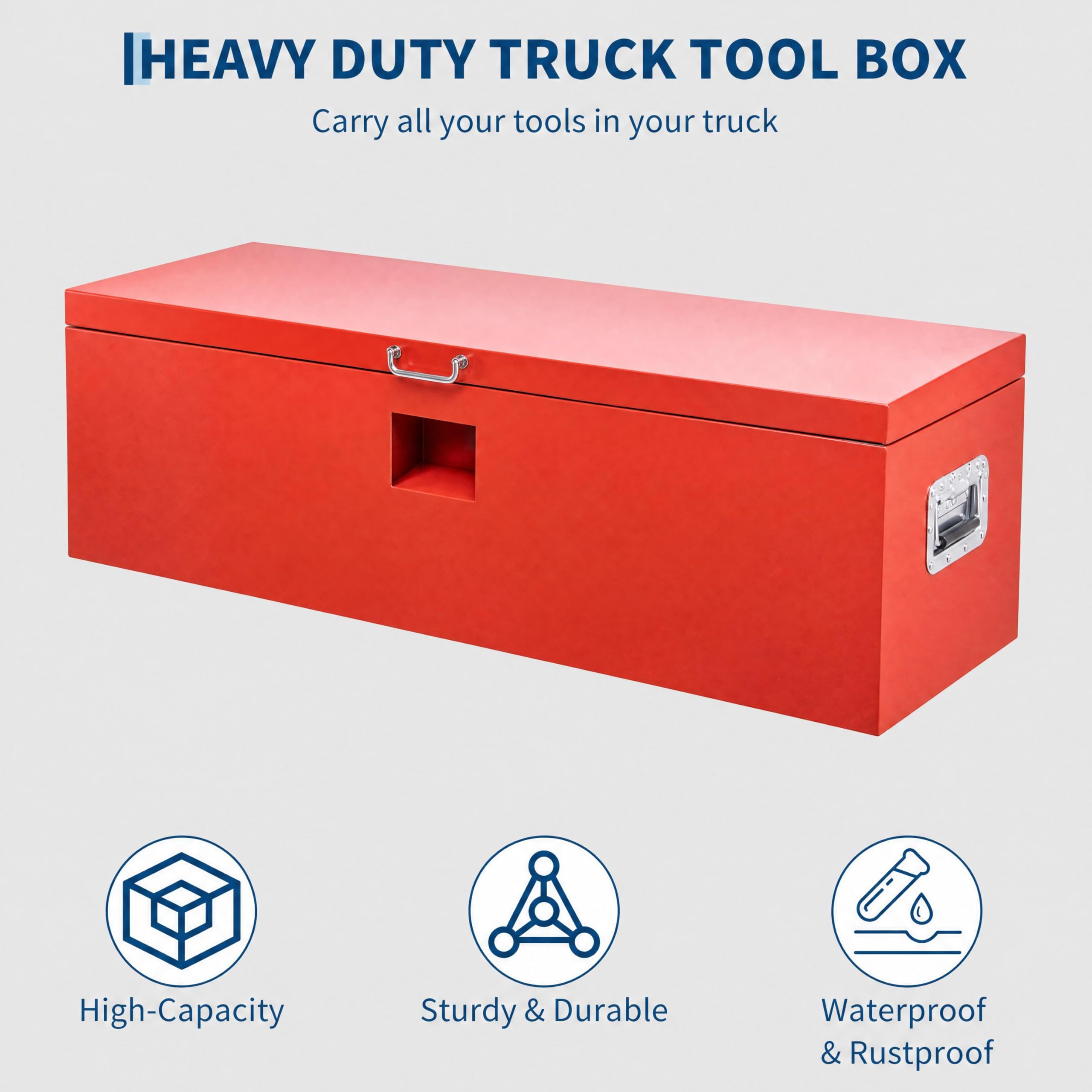 Garvee 42"X16"X14" Heavy Duty Lockable Steel Truck Bed Toolbox – Dual Lids, Weatherproof Powder-Coated, Front & Side Handles, Gas Struts, for Pickup, RV, Trailer, Red
