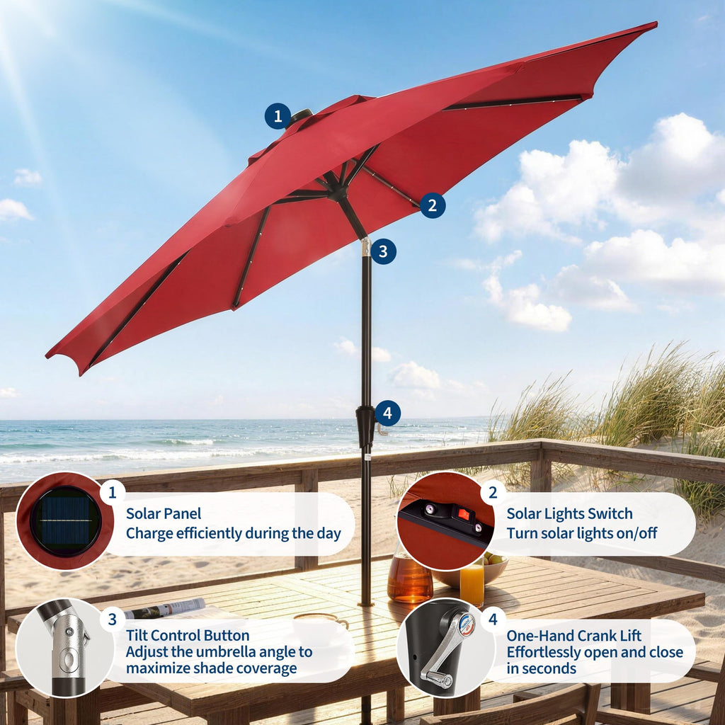 Garvee 10 FT Patio Umbrella with 32 Solar LED Lights, 8-Rib Iron Frame, Crank Lift and Push-Button Tilt for Garden, Deck, Backyard and Poolside, Red