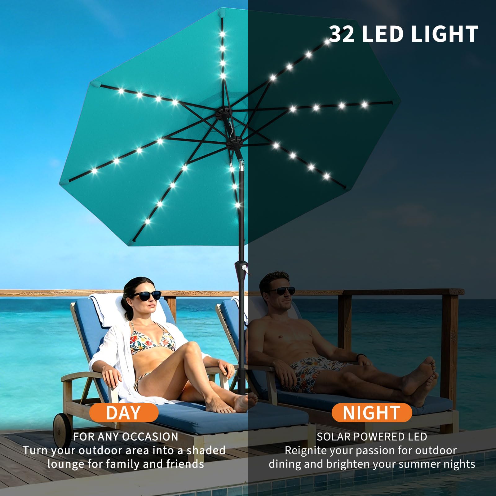 Garvee 10 ft Solar Patio Umbrella with 32 LED Lights, Outdoor Market Umbrella with Crank Lift & Tilt, UV-Resistant Canopy for Pool, Garden & Backyard, Sky Blue