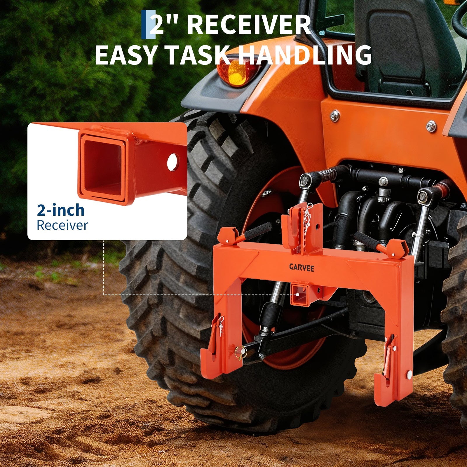 Garvee Heavy-Duty 3-Point Quick Hitch Adapter with 2" Receiver – Reinforced Rib – 3000 lbs Lift – No Bushing Needed – 5-Level Adjustable Bolt – Category 1 Tractor Attachment – Durable Metal – Orange Powder Coated Finish