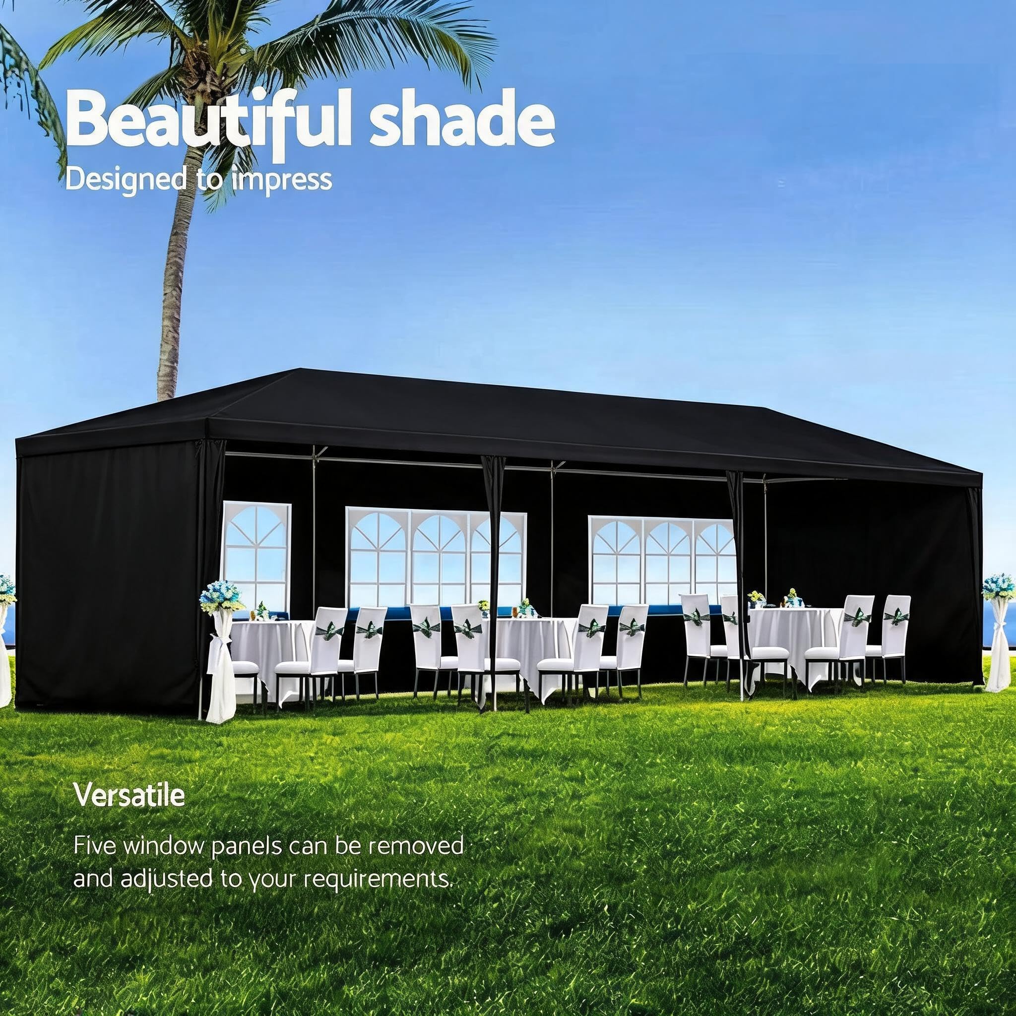 Garvee 10' × 30' Outdoor Party Tent with 5 Removable Sidewalls, Waterproof Canopy, Wedding Gazebo for Backyard, Patio, BBQ and Events, Black