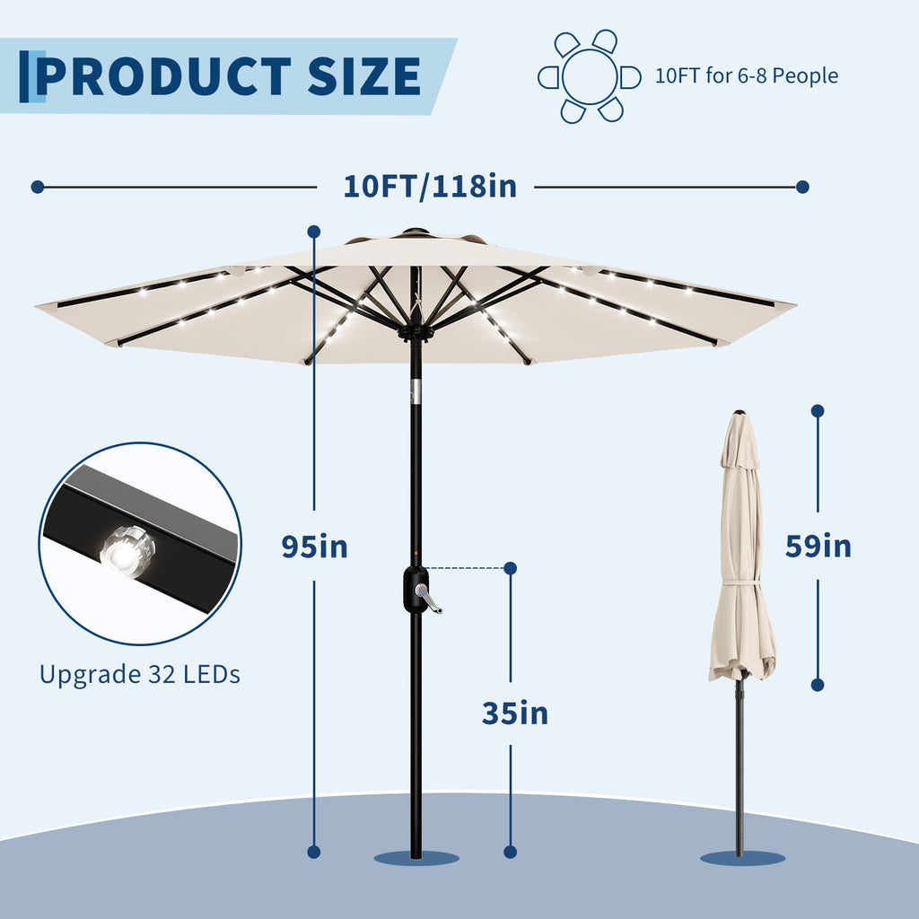 Garvee 9FT Solar LED Patio Umbrella with 32 Lights, Tilt & Crank Outdoor Market Umbrella, UV & Water Resistant, 8 Ribs Sunshade for Garden, Deck, Pool & Table, Beige