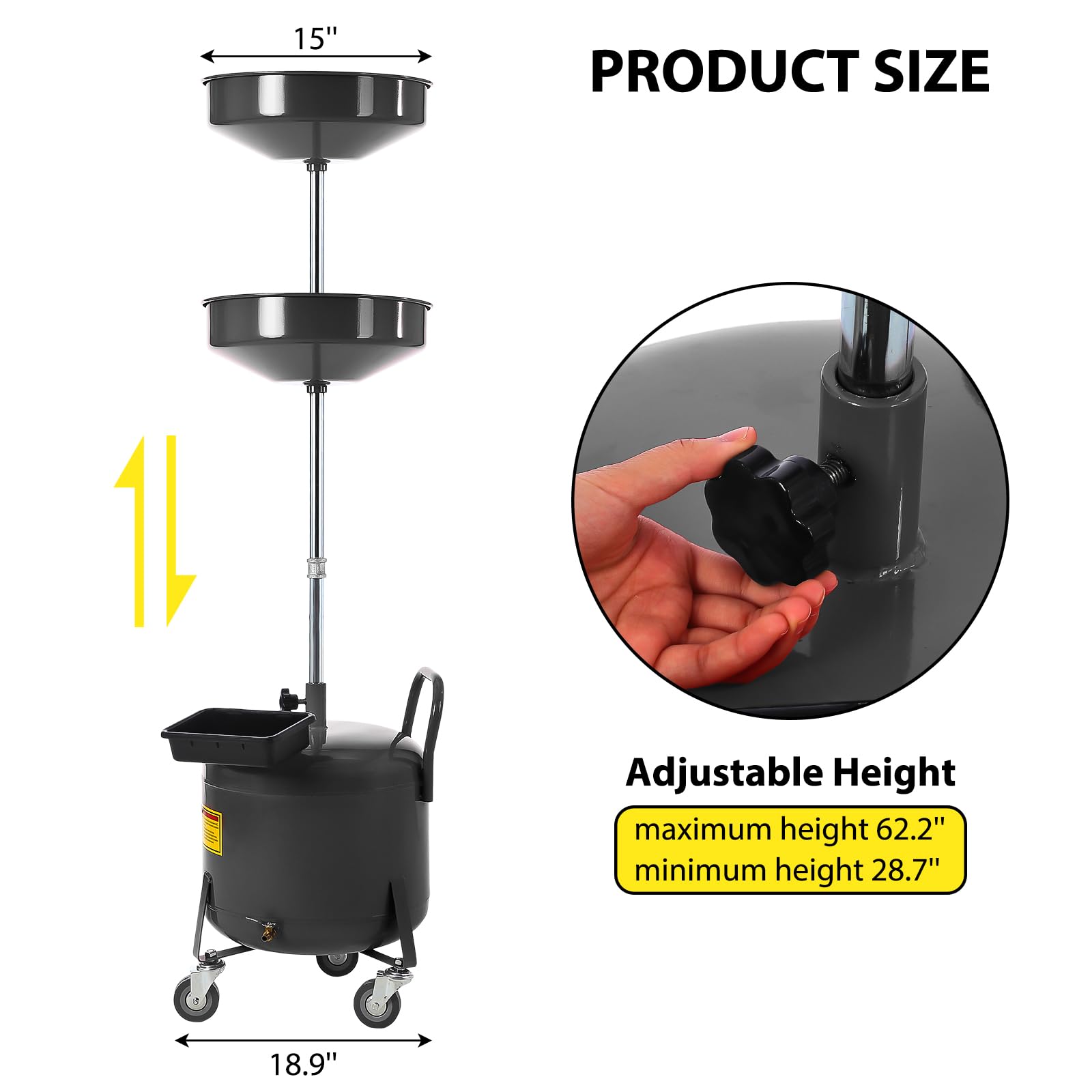 Garvee 20 Gallon Oil Drain Tank Portable Air Operated Drainer Adjustable Funnel Height Steel with Wheels Toolbox for Auto Repair Shops, Black