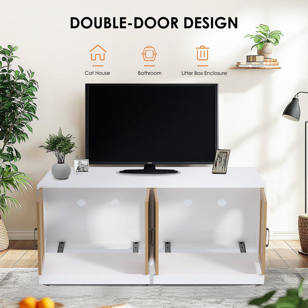 Garvee 47'' Cat Litter Box Enclosure for 2 Litter Boxes with 4 Sisal Doors, Hidden Litterbox Enclosure with Double Room, Wooden Sideboard TV Stand White
