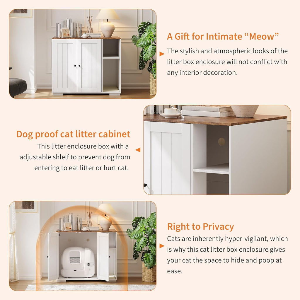 Garvee Large Dog-Proof Cat Litter Box Enclosure Cabinet with Self-Cleaning, Adjustable Shelf, Wood Material, Power Outlet, Mark Pad, Indoor Cat Furniture