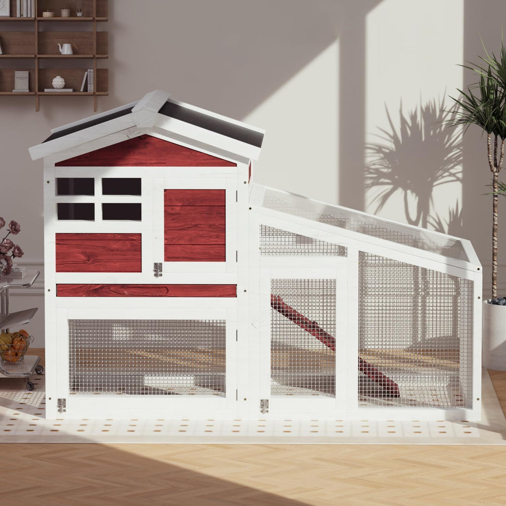 Garvee 2-Tier 53" Wooden Small Animal Cage, Weatherproof Rabbit Hutch with Non-Slip Ramp, Leak-Proof Removable Tray, Anti-Chew Metal Frame, Asphalt Roof, Ideal for Rabbits, Guinea Pigs, Rufous White