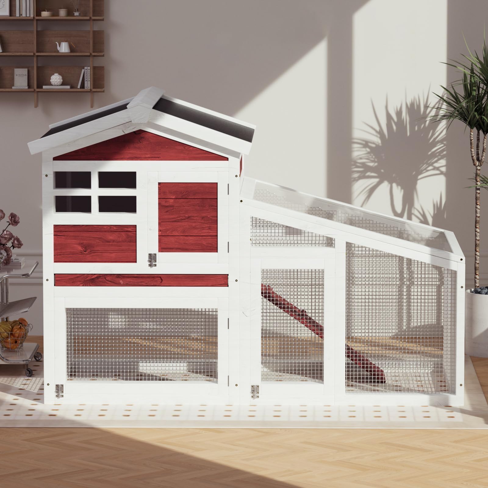 Garvee 2-Tier 53" Wooden Small Animal Cage, Weatherproof Rabbit Hutch with Non-Slip Ramp, Leak-Proof Removable Tray, Anti-Chew Metal Frame, Asphalt Roof, Ideal for Rabbits, Guinea Pigs, Rufous White