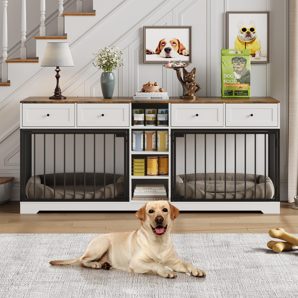Garvee 82" Large Dog Crate for 2 Dogs, Dog Kennel Indoor with 4 Drawers and Shelves, Double Dog Crate Furniture TV Stand, Wooden Dog Cage for Medium Large Dogs, White