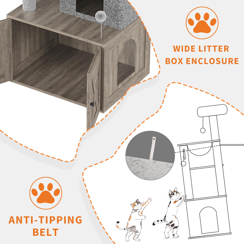 Garvee Litter Box Enclosure with Cat Tree, 2-In-1 Modern Cat Tower, Hidden Washroom Furniture, Wood Cat Condo with Scratching Post and Hammock, Indoor Pet Furniture with Multiple Platform, Gray