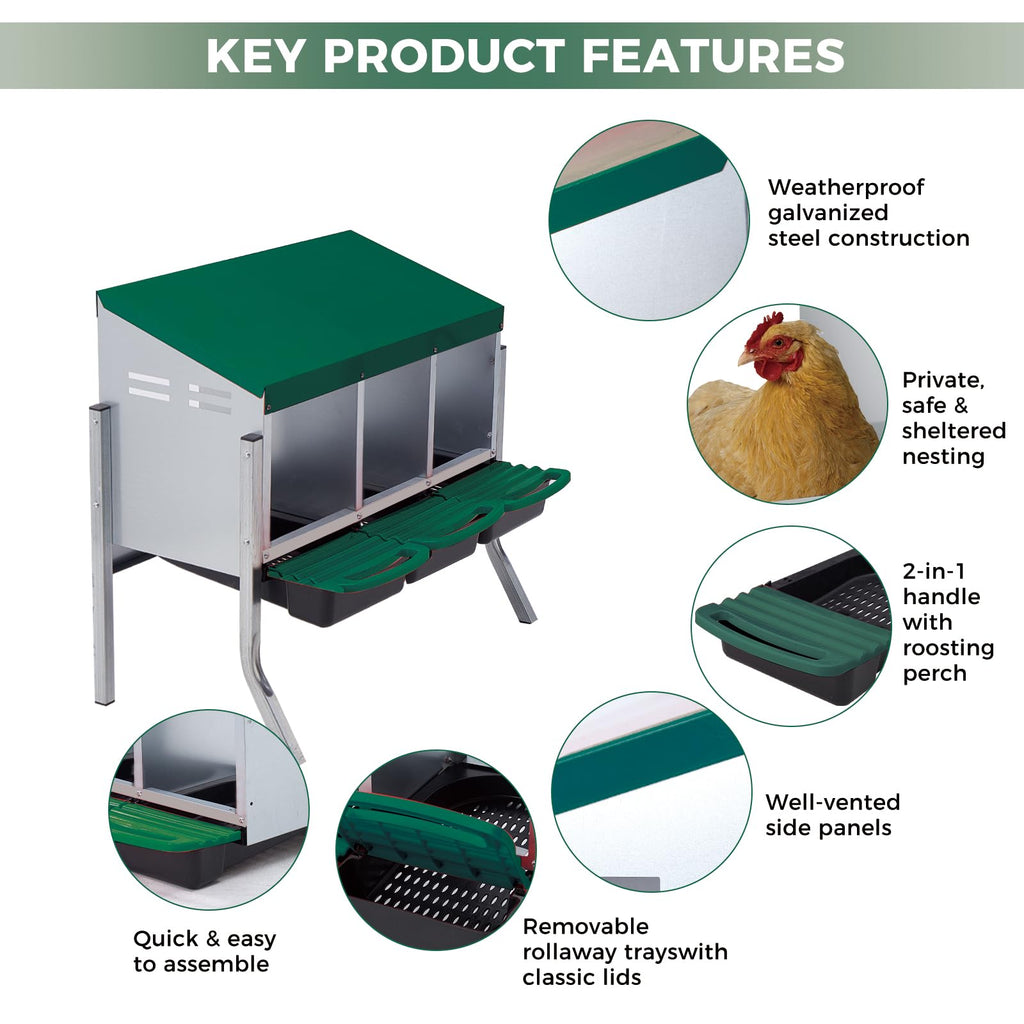 Garvee 3-Compartment Galvanized Steel Chicken Nesting Box – Roll-Away Tray & Freestanding Bracket Legs, Green