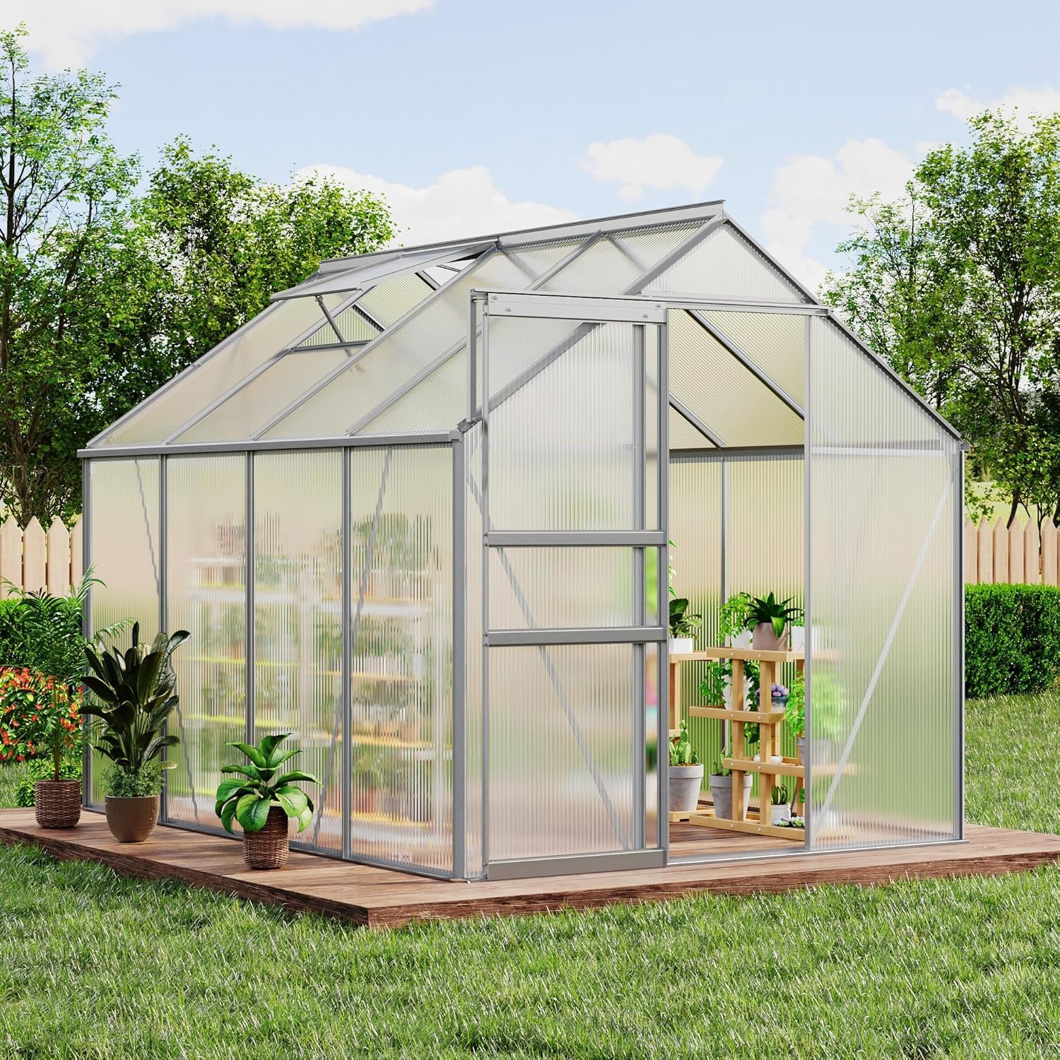 Garvee Walk-in Greenhouse 6x8 FT Aluminum Frame with Roof Vent Rain Gutter Sliding Door Perfect for Outdoor Patio Backyard Garden Apartment Balcony