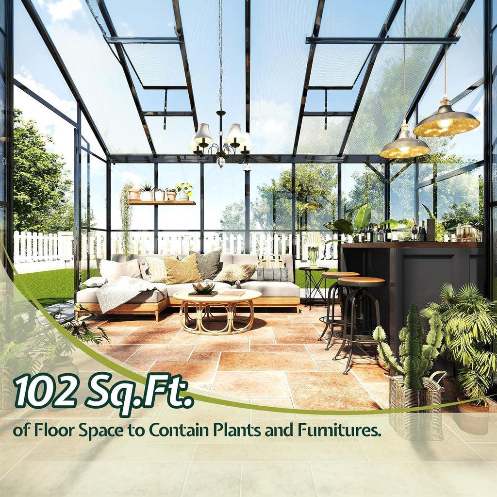 Garvee Walk-in Greenhouse 12×12 ft, 6mm Twin-Wall Polycarbonate Panels, 7 ft Peak Aluminum Frame with Roof Vent for Backyard Garden
