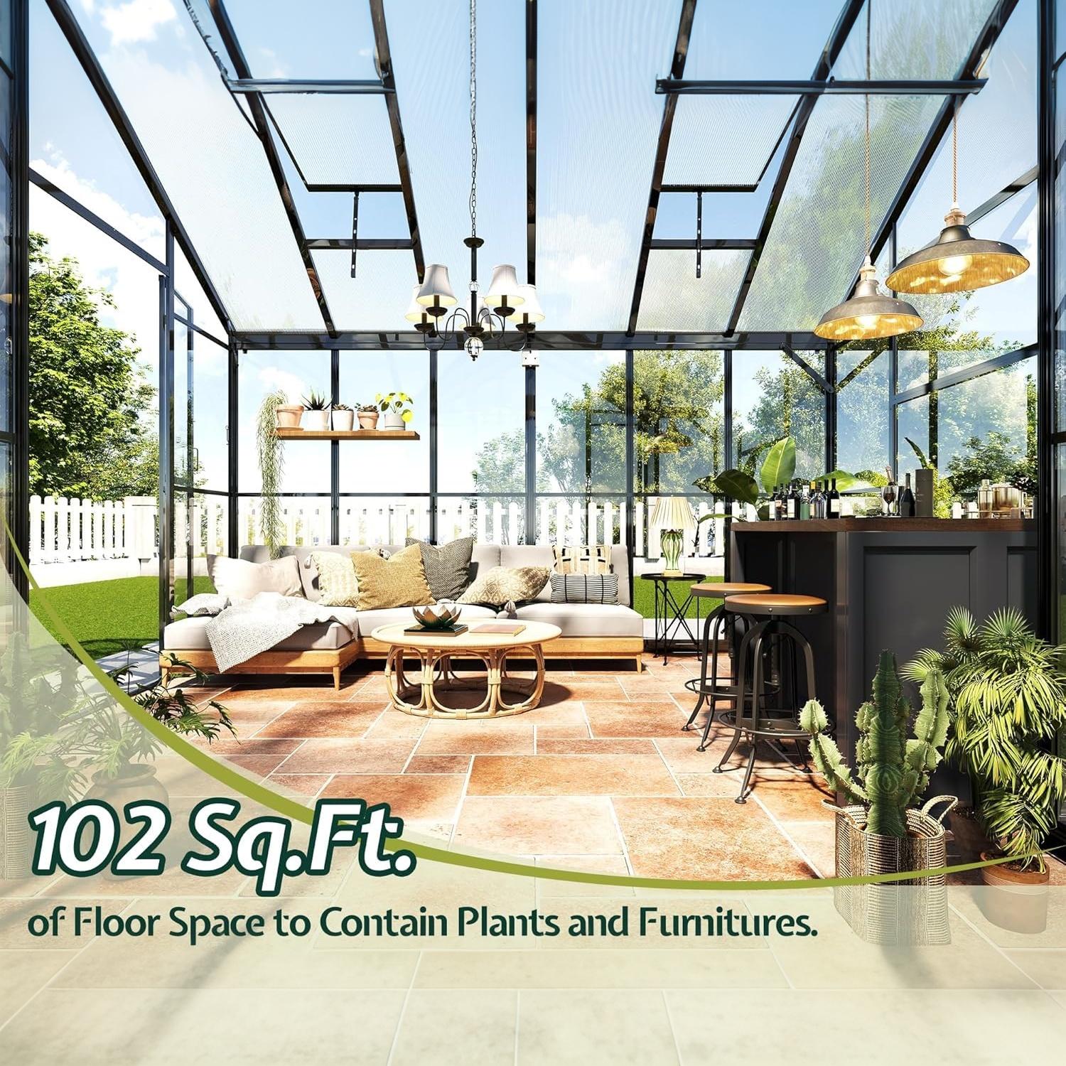 Garvee Walk-in Greenhouse 12×12 ft, 6mm Twin-Wall Polycarbonate Panels, 7 ft Peak Aluminum Frame with Roof Vent for Backyard Garden