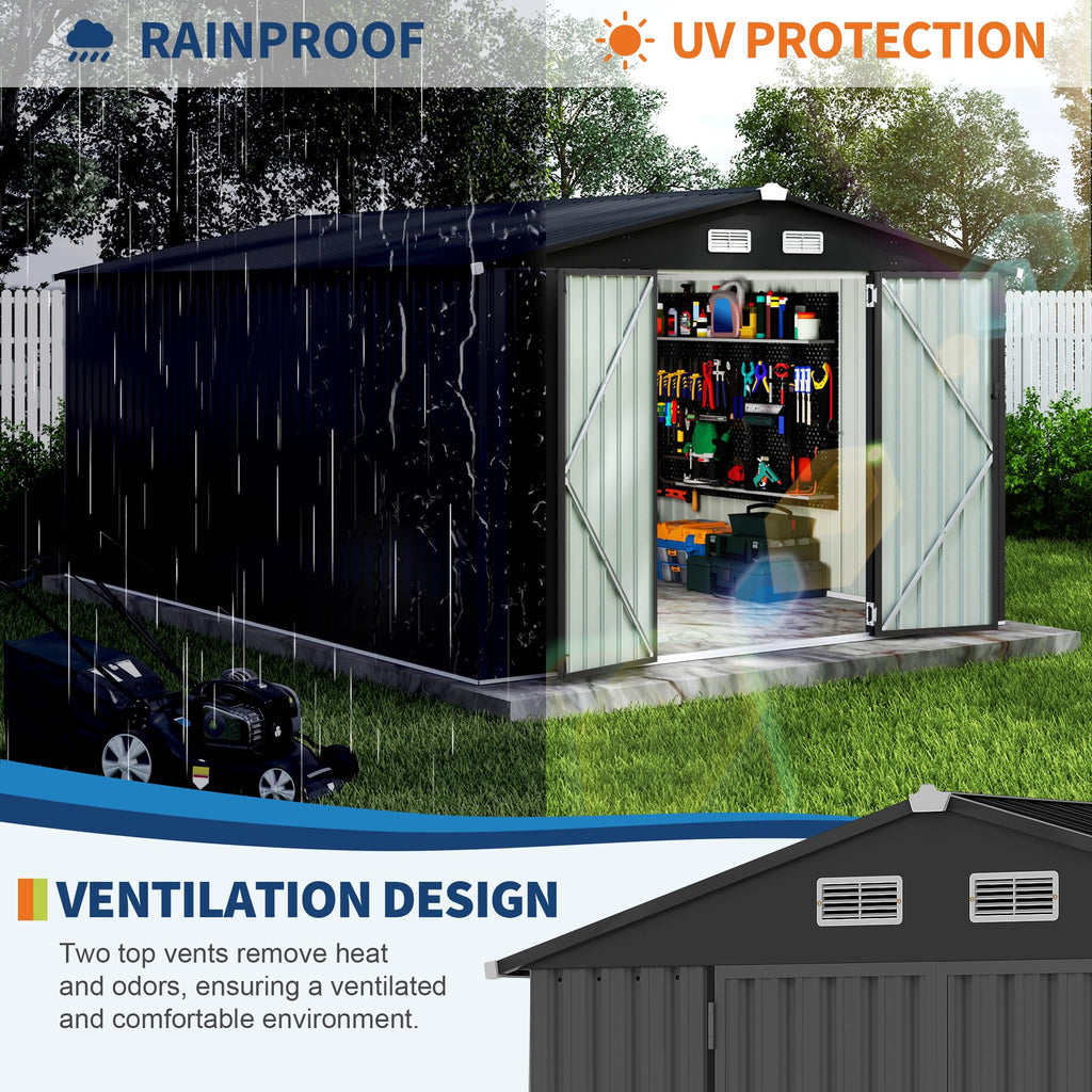 Garvee 10x14 Ft Metal Outdoor Storage Shed, Galvanized Garden Tool Shed with Lockable Doors, Air Vents & Sloped Roof, Gray Backyard Storage for Patio, Lawn & Garden