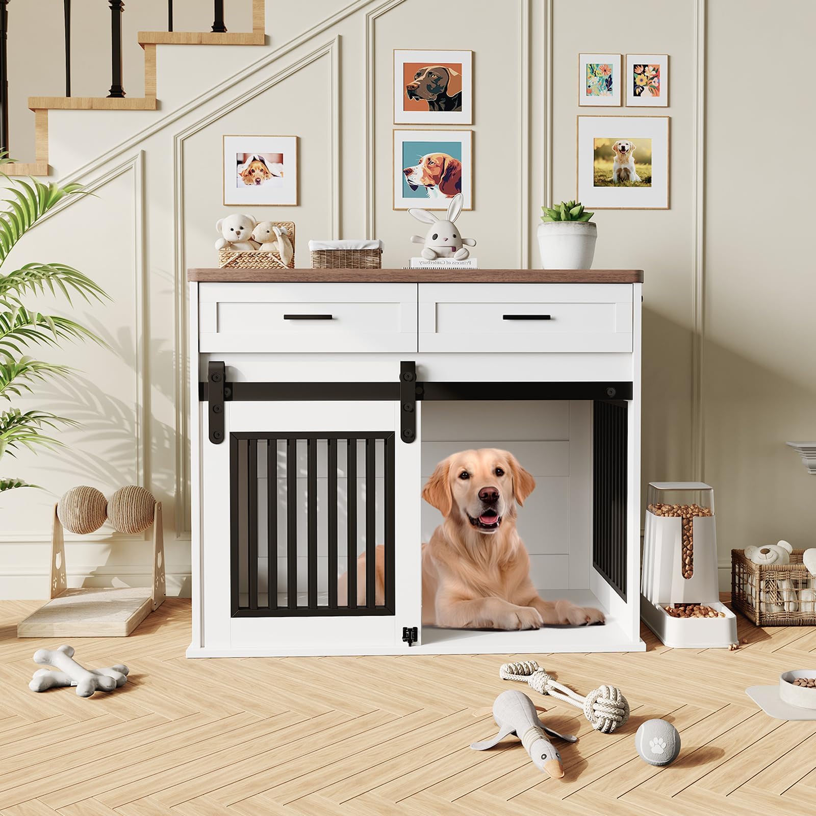 Garvee Heavy Duty Wooden Dog Crate Furniture with Sliding Barn Door and 2 Storage Drawers, Indoor Dog Kennel End Table with Hook, Farmhouse Style Dog Crates for Medium/Large Dogs, White