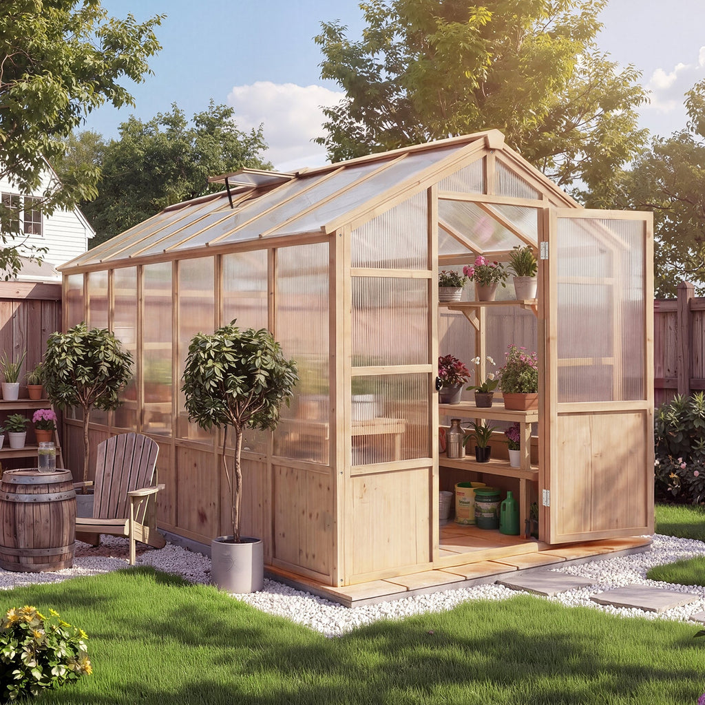 Garvee 8' x 14' Wooden Walk-In Greenhouse Kit, Outdoor Green House with Natural Spruce Wood Frame, Polycarbonate Panels, Ventilated Windows & Lockable Door for Garden, Backyard, Patio & Lawn
