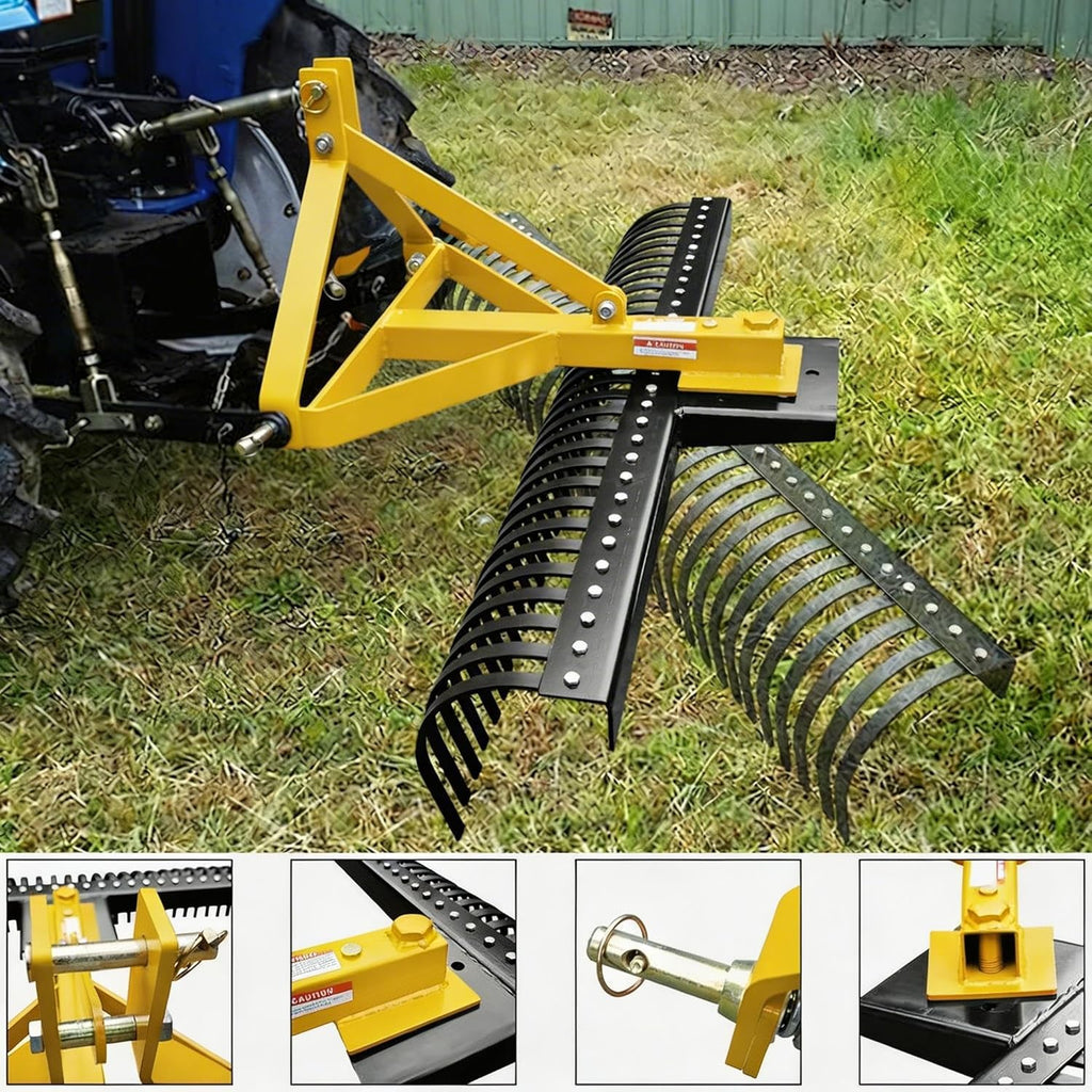 Garvee 72 Landscape Rake,Heavy Duty 3 Point Tractor Rake Fit Cat1/Cat 2, 360 Rotation Compatible,37 Steel Tines for Garden, Farm, Clearing Brush, Raking Arenas