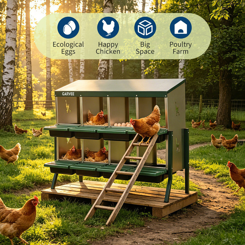 Garvee 8 Compartment Metal Chicken Nesting Box – Galvanized, Ventilated, Roll Away Egg Collection, Removable Tray, Perch, Easy Clean for Hens, Ducks, Geese – Green with Chicken Design – Size: 8 Compartments, Color: Green (Side Chicken Design)