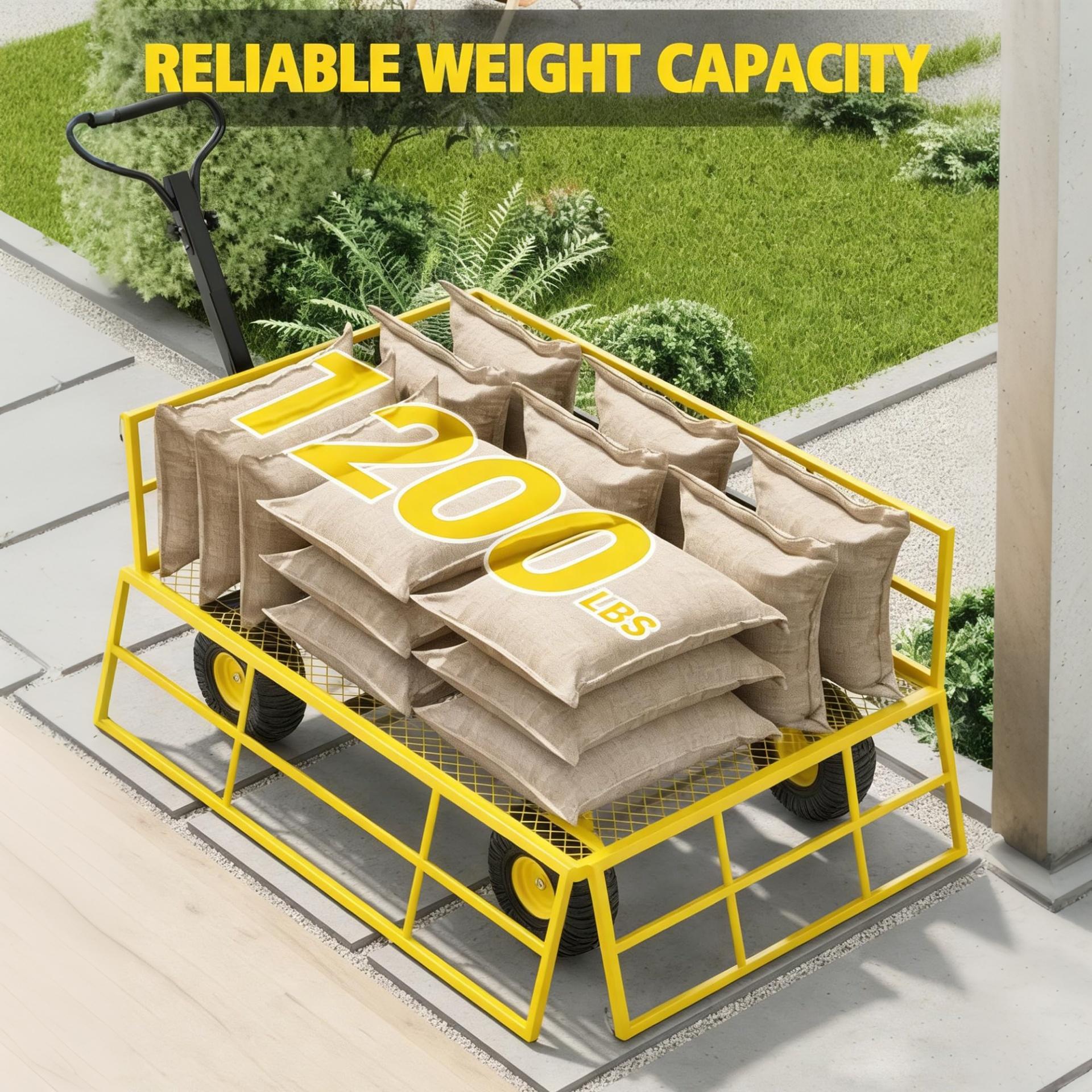 Garvee Garden Cart, 1200 lbs Heavy Duty Q235 Steel Utility Wagon with Removable Sides, 13" Tires and 180° Handle for Yard & Farm, Yellow