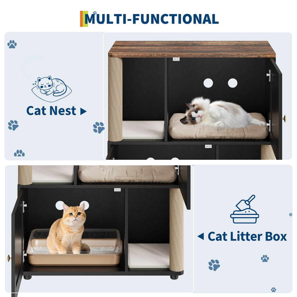 Garvee Double Cat Litter Box Enclosure for 2 Cats – 2-Tier Corner Cabinet with Marking Post, Litter Mats, Large Particle Board, Cat Washroom, Bed & Pet Waste Storage – Basic Black Model