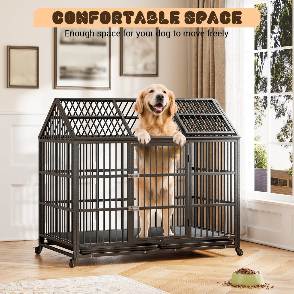 Garvee 52-Inch Escape-Proof Dog Crate, Indestructible Steel Dog Kennel with Locking Wheels, Anxiety Relief Pet Cage for Medium/Large Dogs, Indoor/Outdoor Use