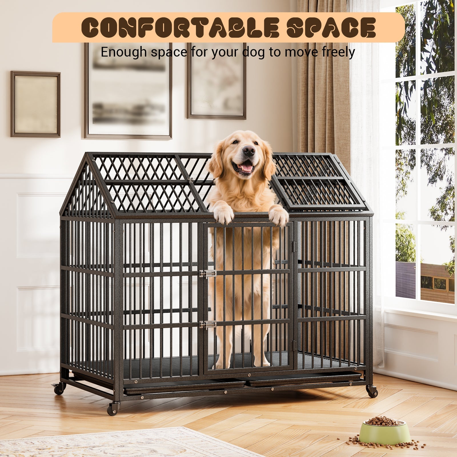 Garvee 52-Inch Escape-Proof Dog Crate, Indestructible Steel Dog Kennel with Locking Wheels, Anxiety Relief Pet Cage for Medium/Large Dogs, Indoor/Outdoor Use