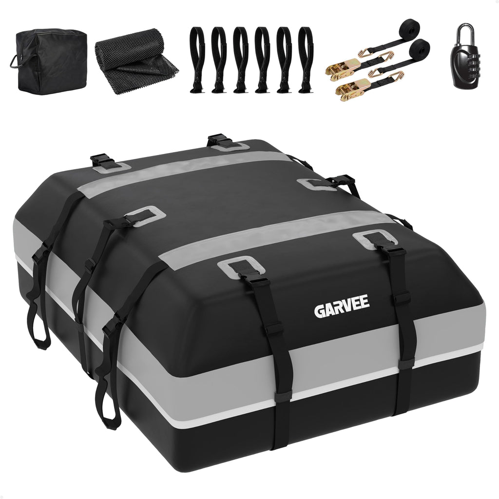 Garvee Waterproof Car Rooftop Cargo Carrier Bag 15 Cubic Feet – Secure Soft Shell Roof Luggage Storage for All Vehicles – Includes Combination Lock, 6 Door Hooks, 2 Ratchet Straps, Anti-Slip Mat – Size 112x86x43cm – Color: 15CUFT, Mat: 120x89cm, Straps: