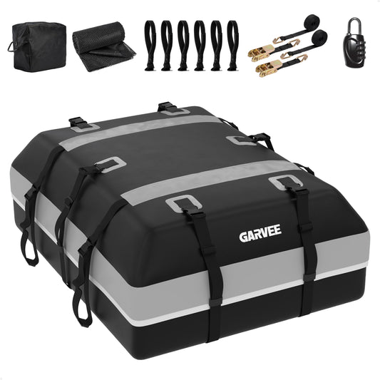Garvee Waterproof Car Rooftop Cargo Carrier Bag 15 Cubic Feet – Secure Soft Shell Roof Luggage Storage for All Vehicles – Includes Combination Lock, 6 Door Hooks, 2 Ratchet Straps, Anti-Slip Mat – Size 112x86x43cm – Color: 15CUFT, Mat: 120x89cm, Straps:
