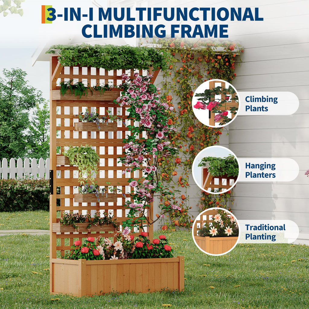 Garvee Raised Garden Bed with Trellis, 35.4" × 17.7" × 71.9" Fir Wood Planter Box with 33" × 17" Growing Bed, 4 Drainage Holes for Climbing Plants, Yellow