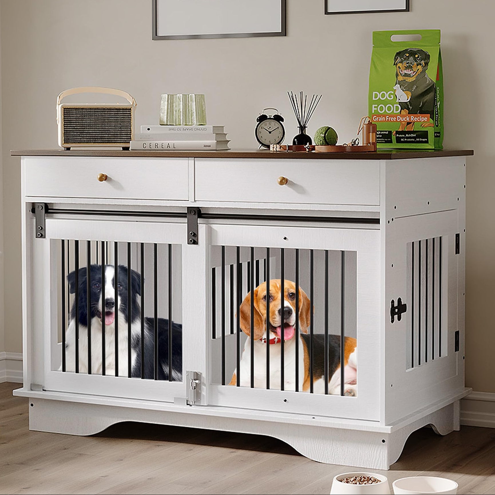 Garvee 47 in Dog Furniture Crate, Large Furniture Style Dog Crate w/ 2 Storage Draws & Removable Divider & Triple Door Design for Large/Medium/Small Dogs, White+Brown Table Top