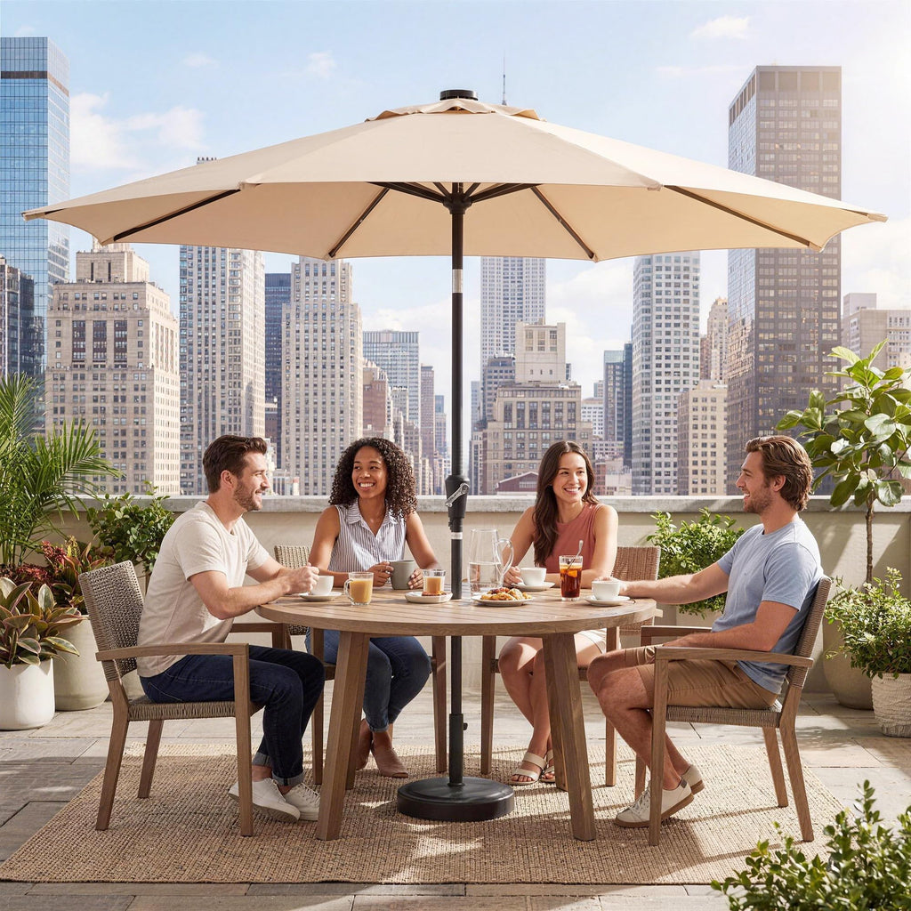 Garvee 9 FT Solar LED Patio Umbrella, Outdoor Market Table Umbrella with Tilt & Crank, 32 Lights, 8 Iron Ribs, UV Sun Shade for Garden, Deck & Pool, Beige