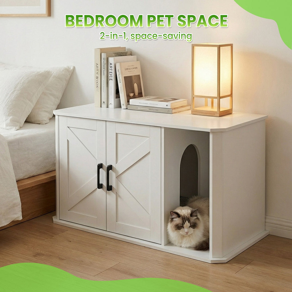 Garvee Modern Wooden Cat Litter Box Furniture – Double-Door Hidden Washroom Cabinet with Side Entry – Easy to Clean, Odor Control – Spacious Cat House End Table – White