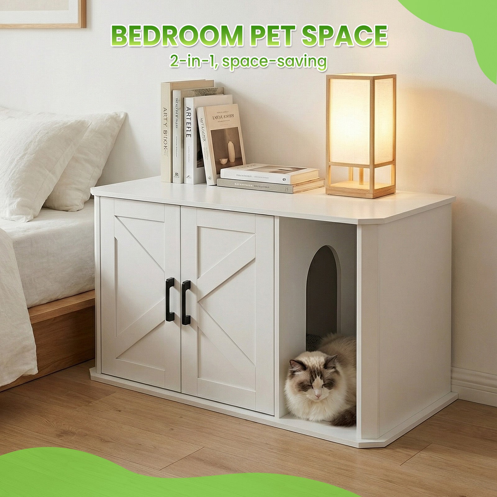 Garvee Modern Wooden Cat Litter Box Furniture – Double-Door Hidden Washroom Cabinet with Side Entry – Easy to Clean, Odor Control – Spacious Cat House End Table – White