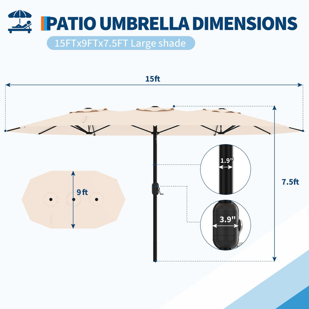 Garvee 15' Double-Sided Rectangular Patio Umbrella with Base, Large Outdoor Pool Umbrella, Khaki