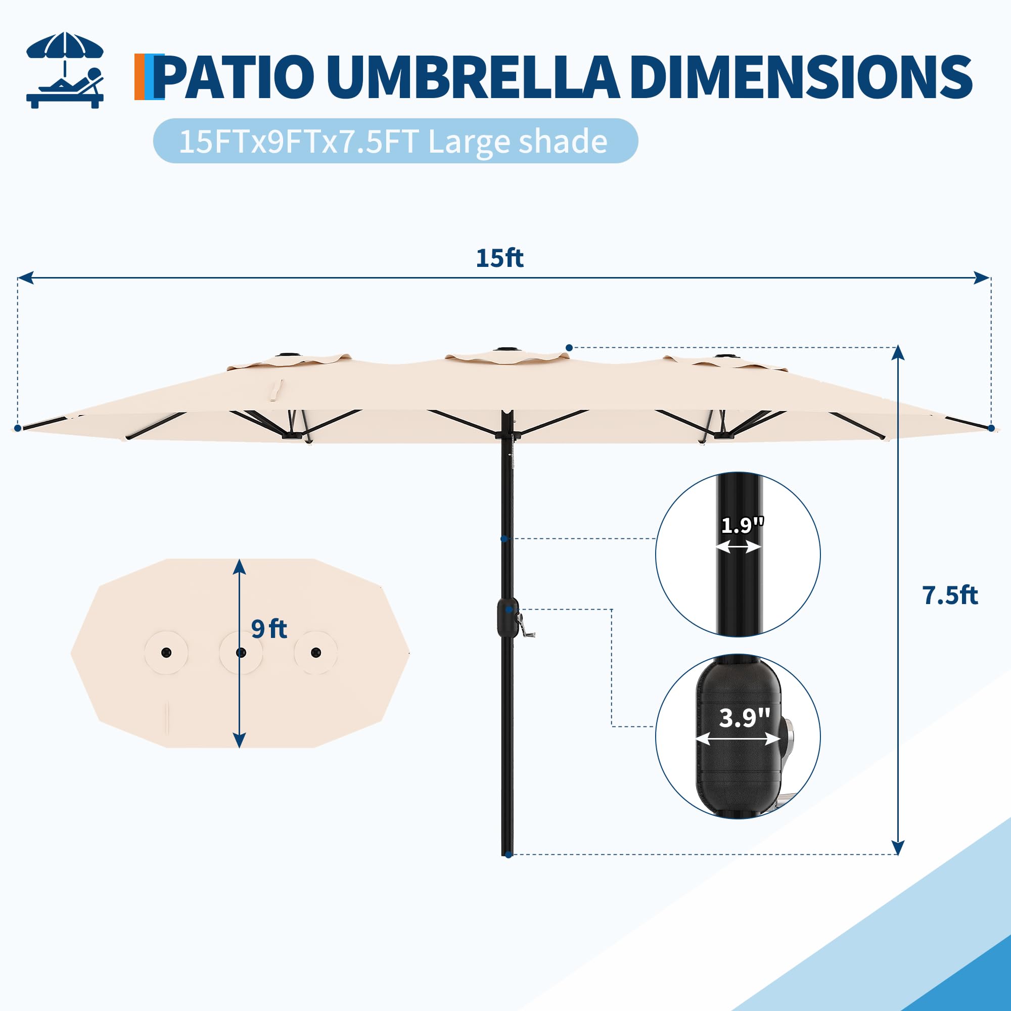 Garvee 15' Double-Sided Rectangular Patio Umbrella with Base, Large Outdoor Pool Umbrella, Khaki