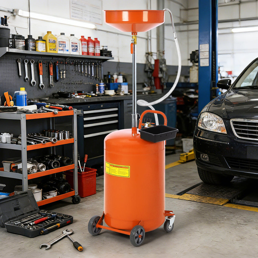 Garvee 20 Gallon Waste Oil Drain Tank with Adjustable Funnel, Air-Operated, Heavy-Duty Steel, Rust-Resistant, Portable with Casters, for Auto Repair Shops