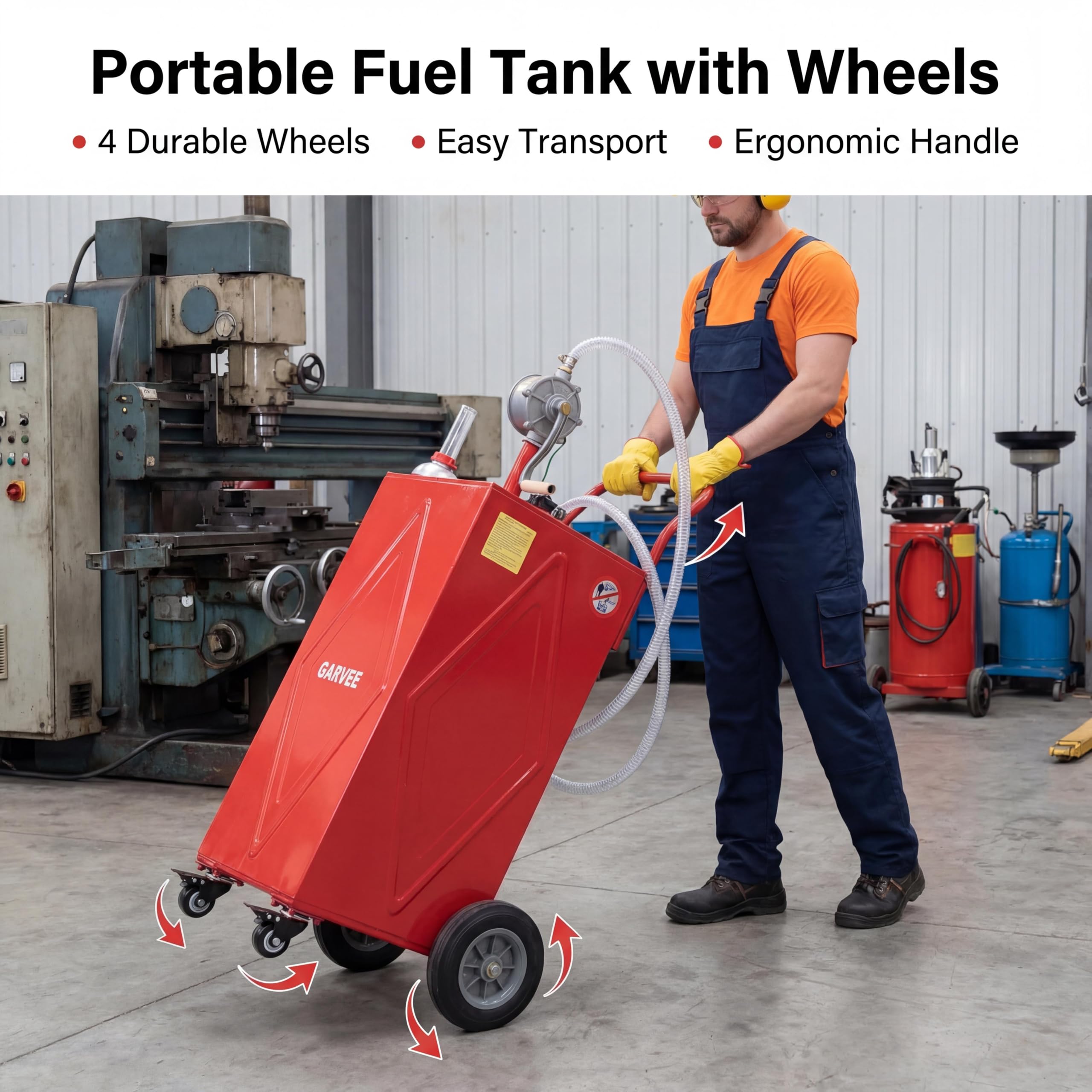 Garvee 35 Gallon Portable Fuel Caddy – Manual Rotary Pump, Heavy-Duty Steel Gas & Fuel Transfer Tank, 4 All-Terrain Wheels, Mobile Refueling for Trucks, Boats, ATVs, Lawn Mowers, Farm Equipment – Reinforced 4-wheeler - Red - Li Junjie