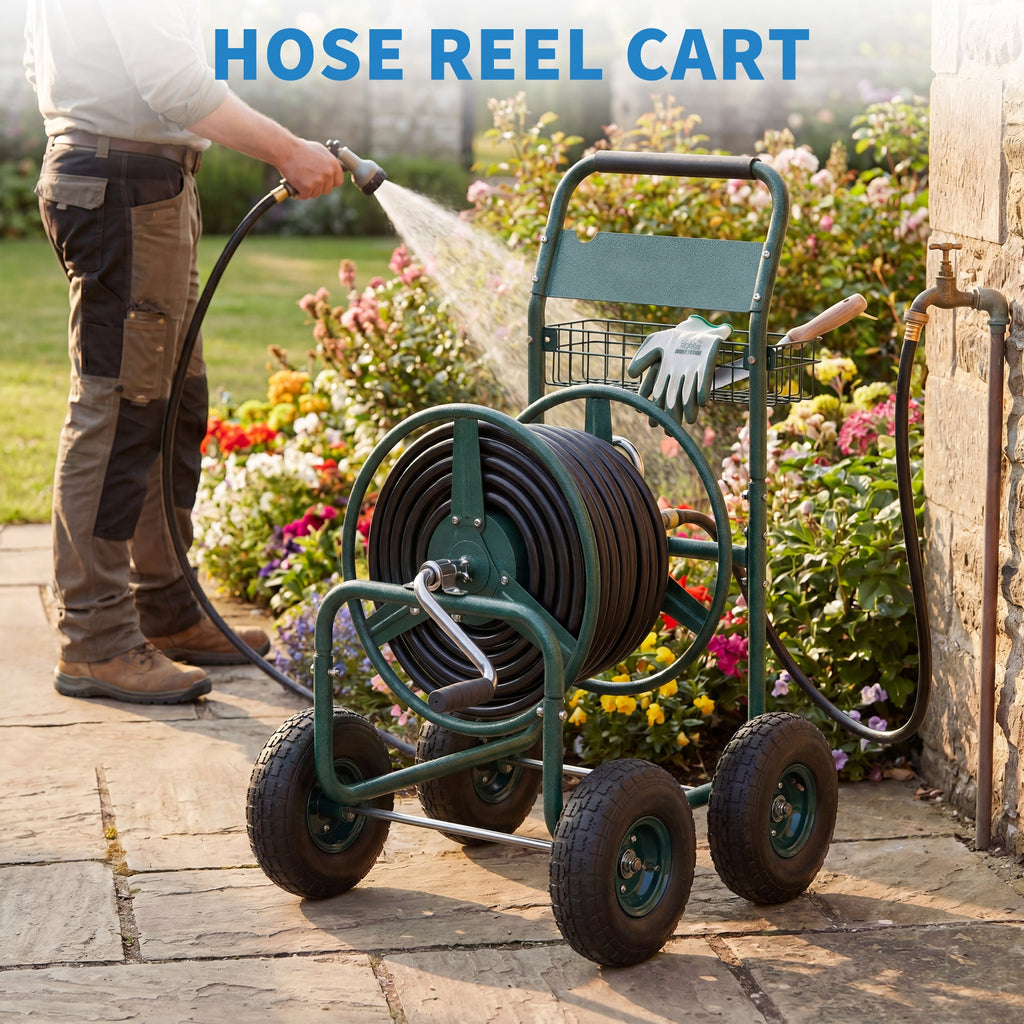 Garvee Garden Hose Reel Cart, 300 FT Capacity, 4 Pneumatic Wheels, 32" × 24" × 38.2" Steel Cart with Storage Basket for Large Yards, Green