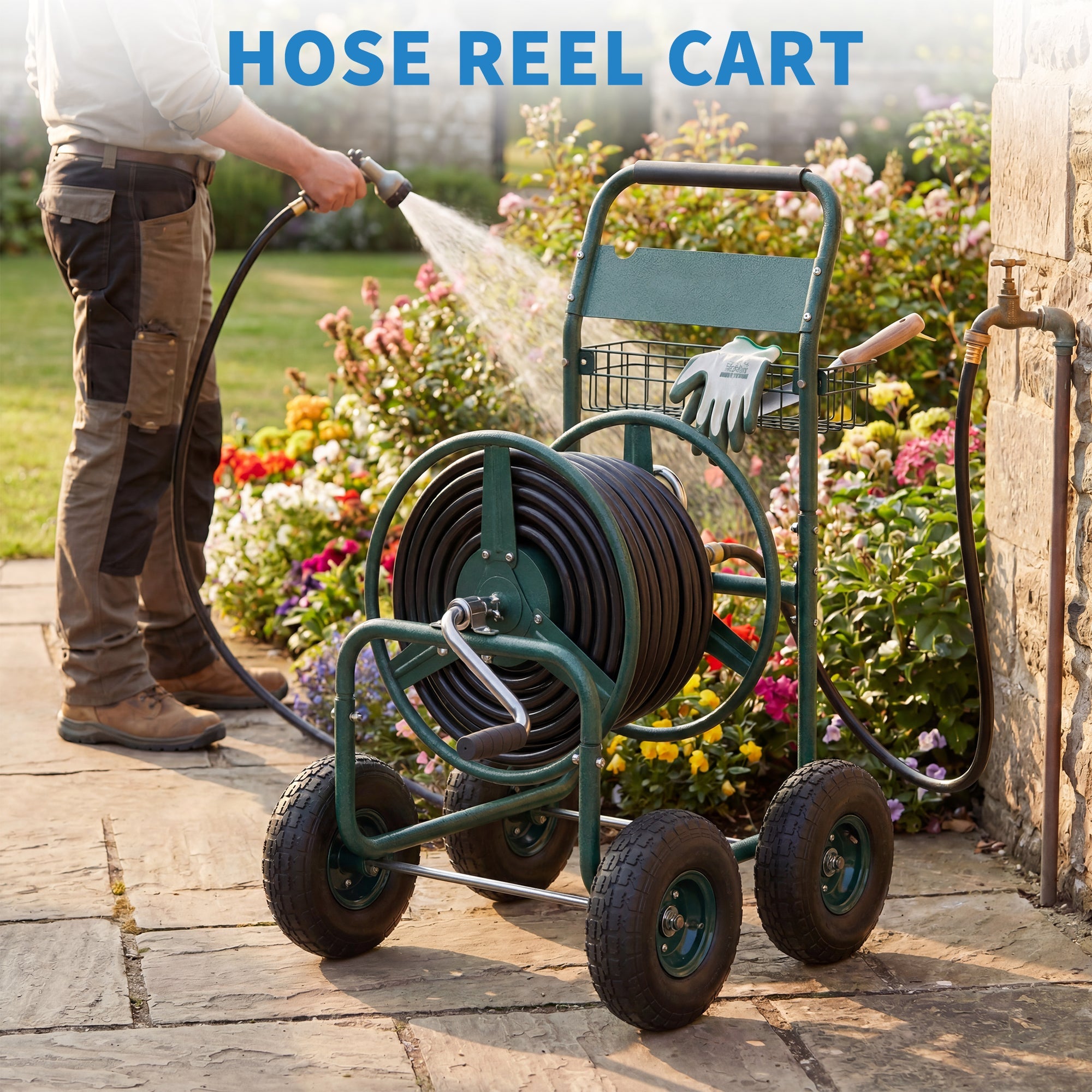 Garvee Garden Hose Reel Cart, 300 FT Capacity, 4 Pneumatic Wheels, 32" × 24" × 38.2" Steel Cart with Storage Basket for Large Yards, Green