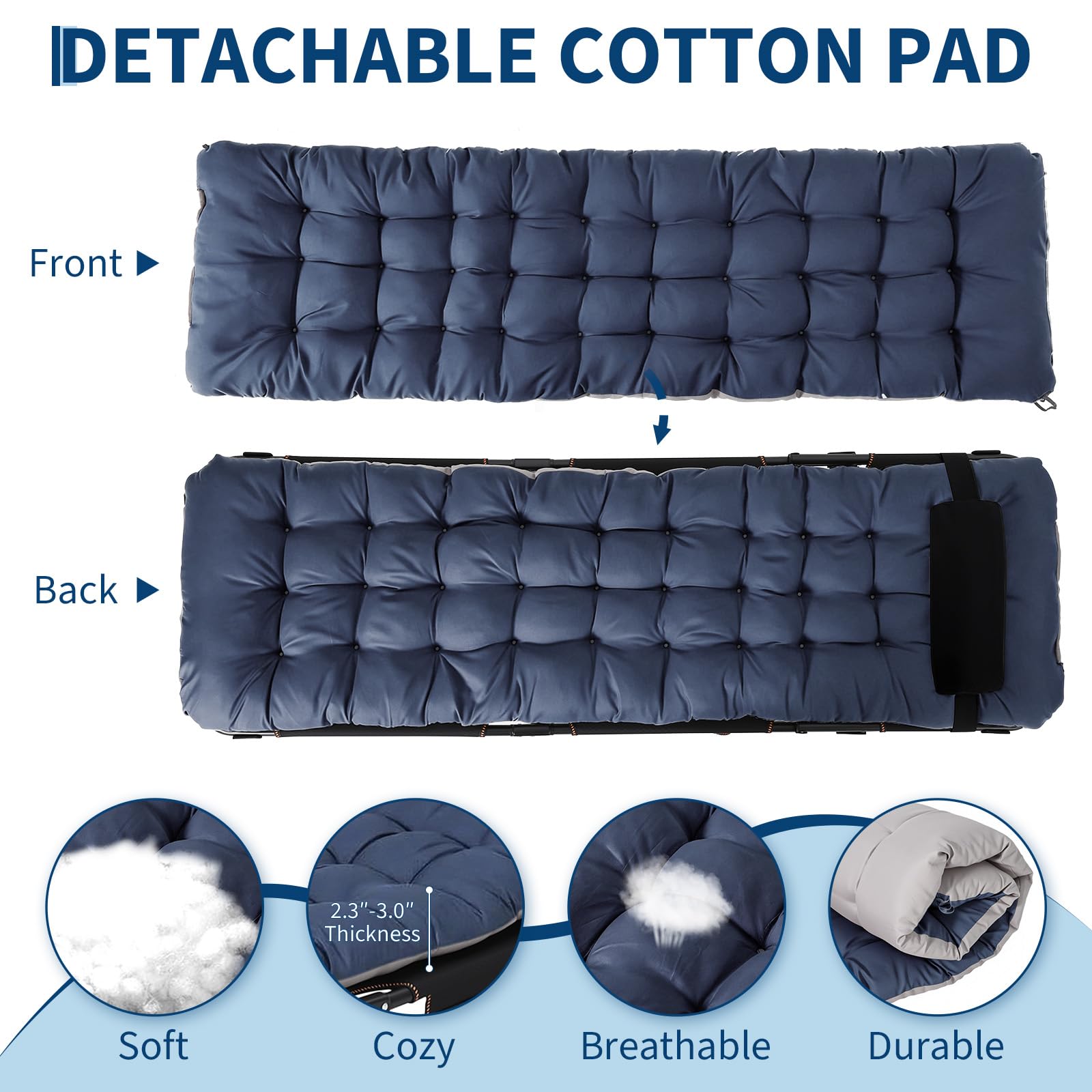 Garvee 75" Folding Camping Cot with Thick Mattress, 8-Leg Rectangular Adjustable Lounge Chair with Headrest Pillow & Side Pocket, Heavy Duty Foldable Guest Bed for Indoor Office & Outdoor Travel - Blue