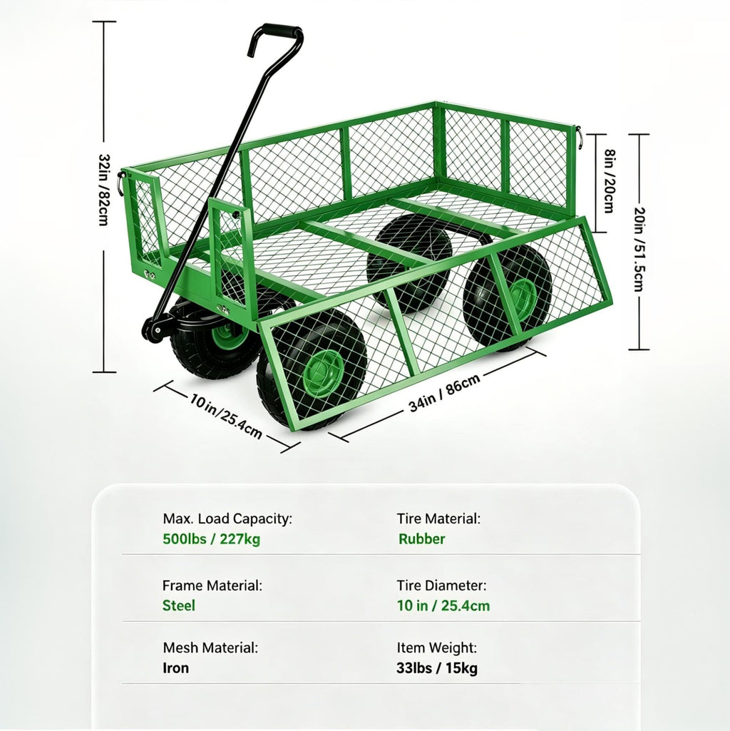 Garvee 3-in-1 Garden Cart, 500 lbs Heavy Duty Alloy Steel Utility Wagon with Removable Mesh Sides, 10 in Wheels & 180° Adjustable Handle for Yard, Lawn & Outdoor Transport, Green