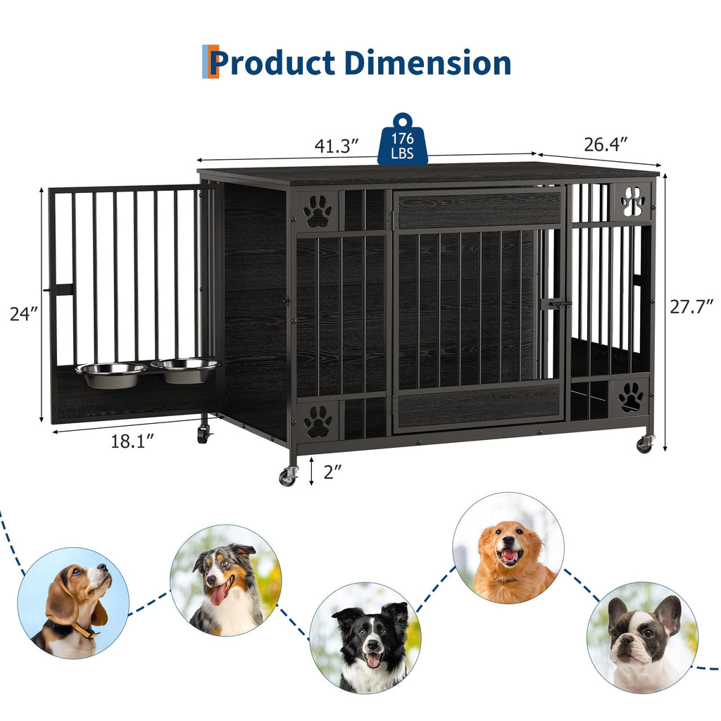 Garvee Modern Triple Door Dog Crate Furniture – 41" Decorative Wooden Kennel for Medium & Small Dogs – Stylish Indoor Pet Cage – Black Relief