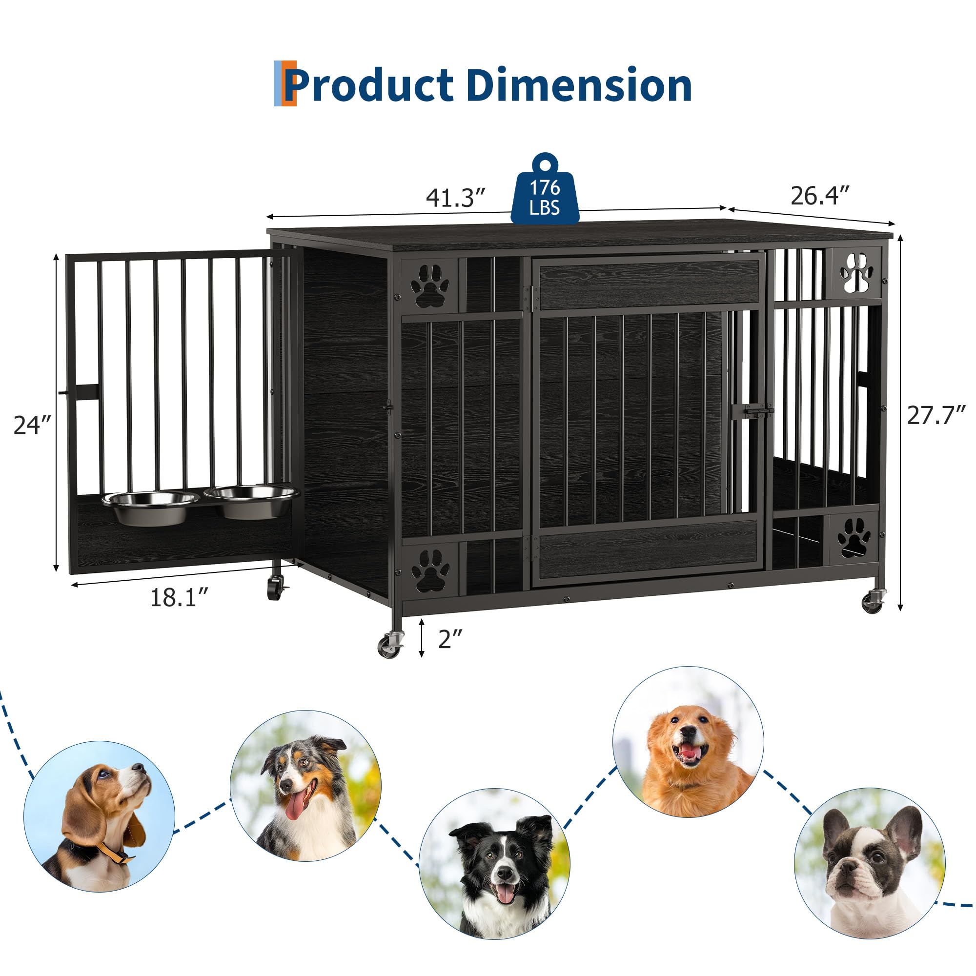 Garvee Modern Triple Door Dog Crate Furniture – 41" Decorative Wooden Kennel for Medium & Small Dogs – Stylish Indoor Pet Cage – Black Relief