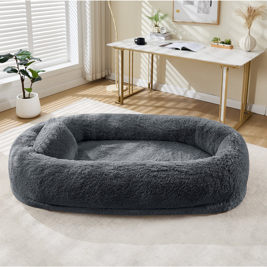 Garvee Orthopedic Soft Faux Fur Human Dog Bed for Adults & Pets – Large 67"x43"x8" Lounger, Plump Pillow, Removable Cover, Handle, Side Pocket, Washable, Bedroom, Office, Deep Blue