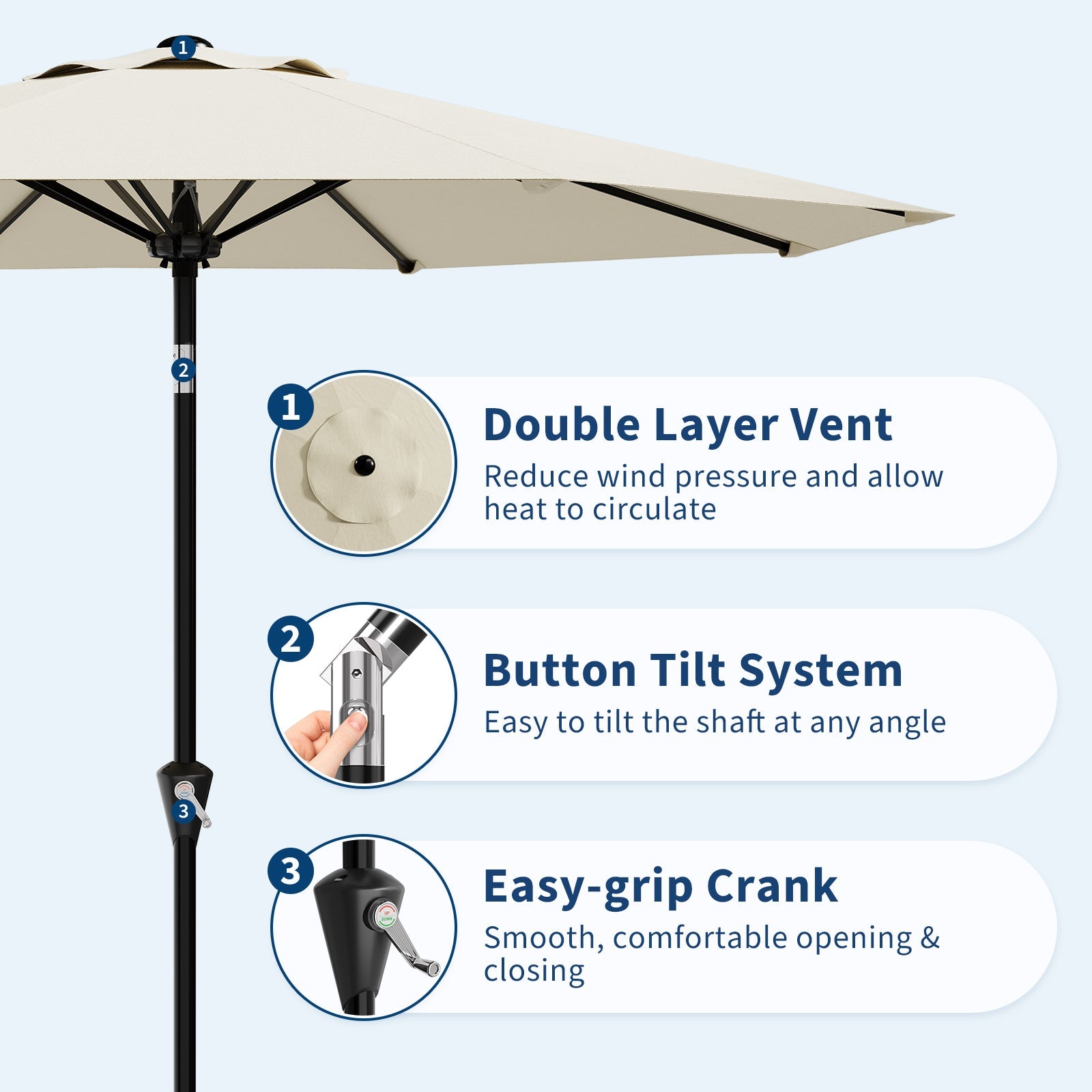 Garvee 9FT Beige Patio Umbrella - Outdoor Table Parasol with Smooth Crank Lift, Push Button Tilt & 8 Sturdy Ribs, Waterproof, UV Protection Market Umbrella for Yard, Deck, Pool, Garden